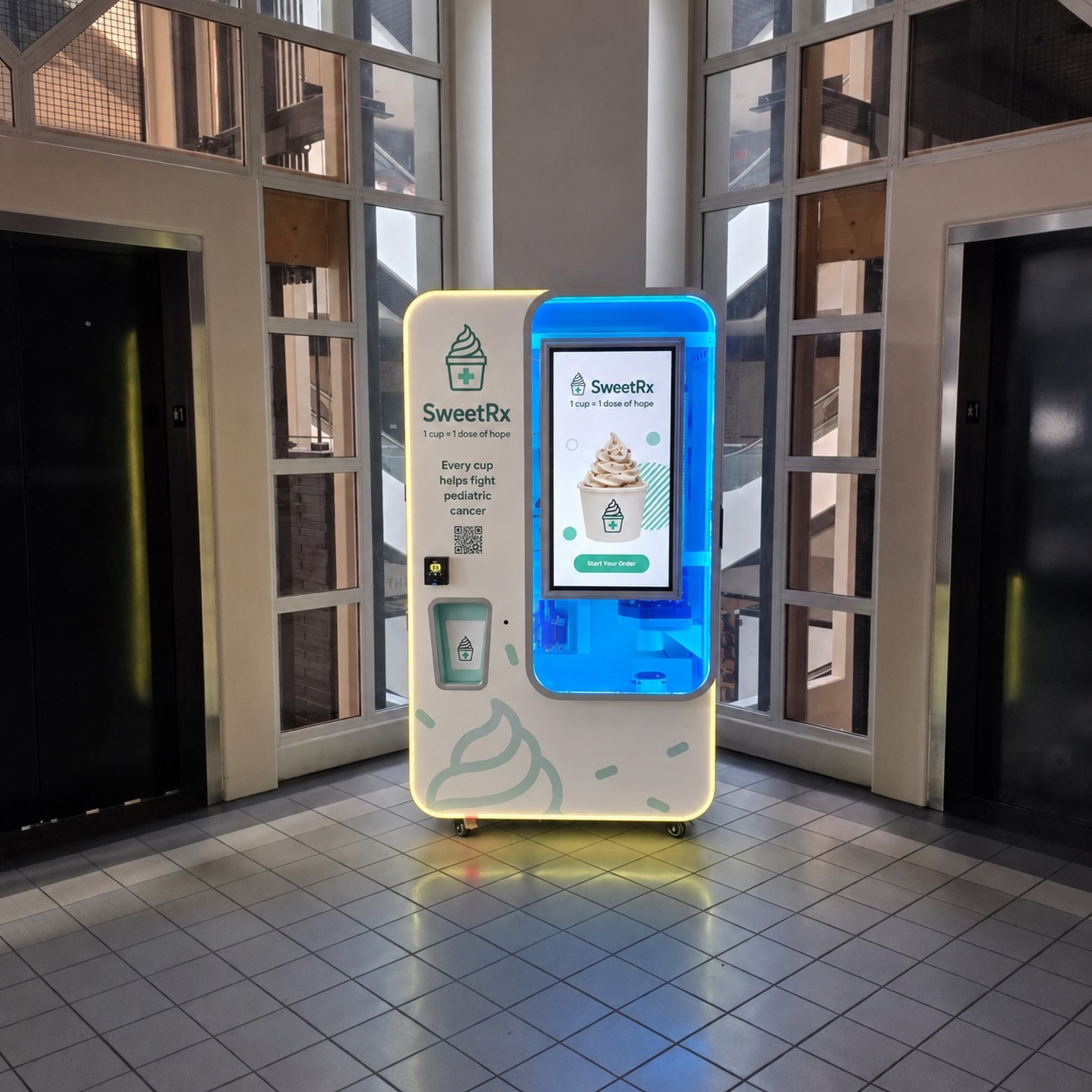 SweetRx kiosk in a building lobby